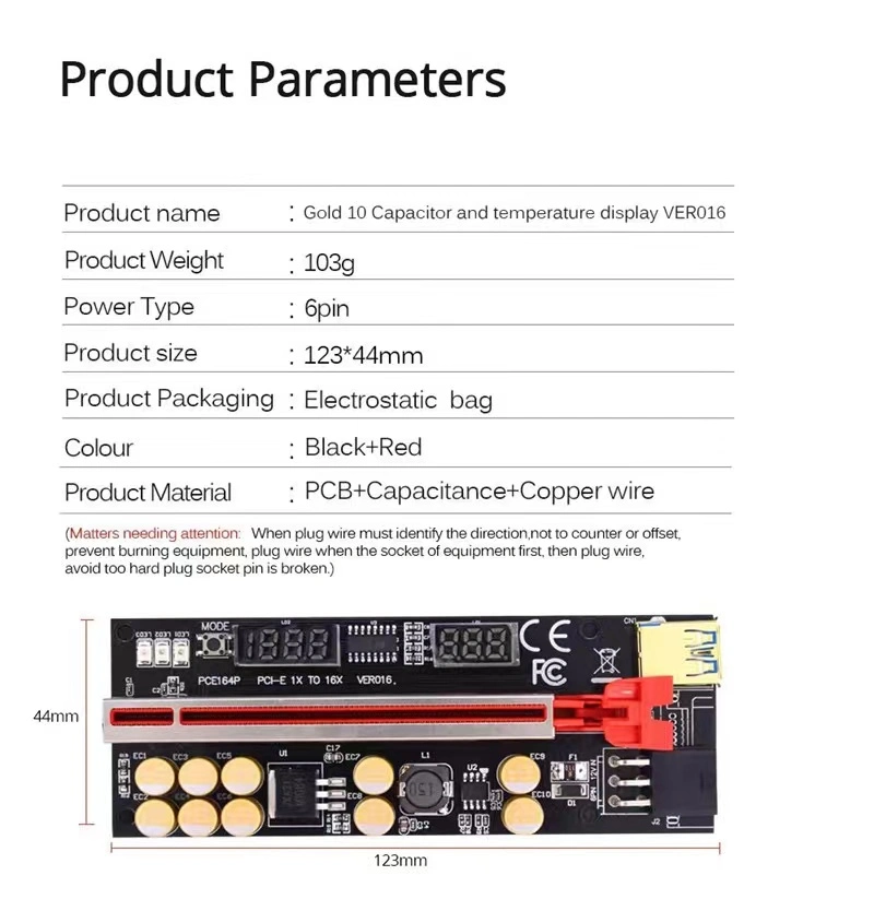 Ver016 Riser Card 1X to 16X Extender USB 3.0 Cable SATA to 6pin Power 10 Capacitor for Graphics Card